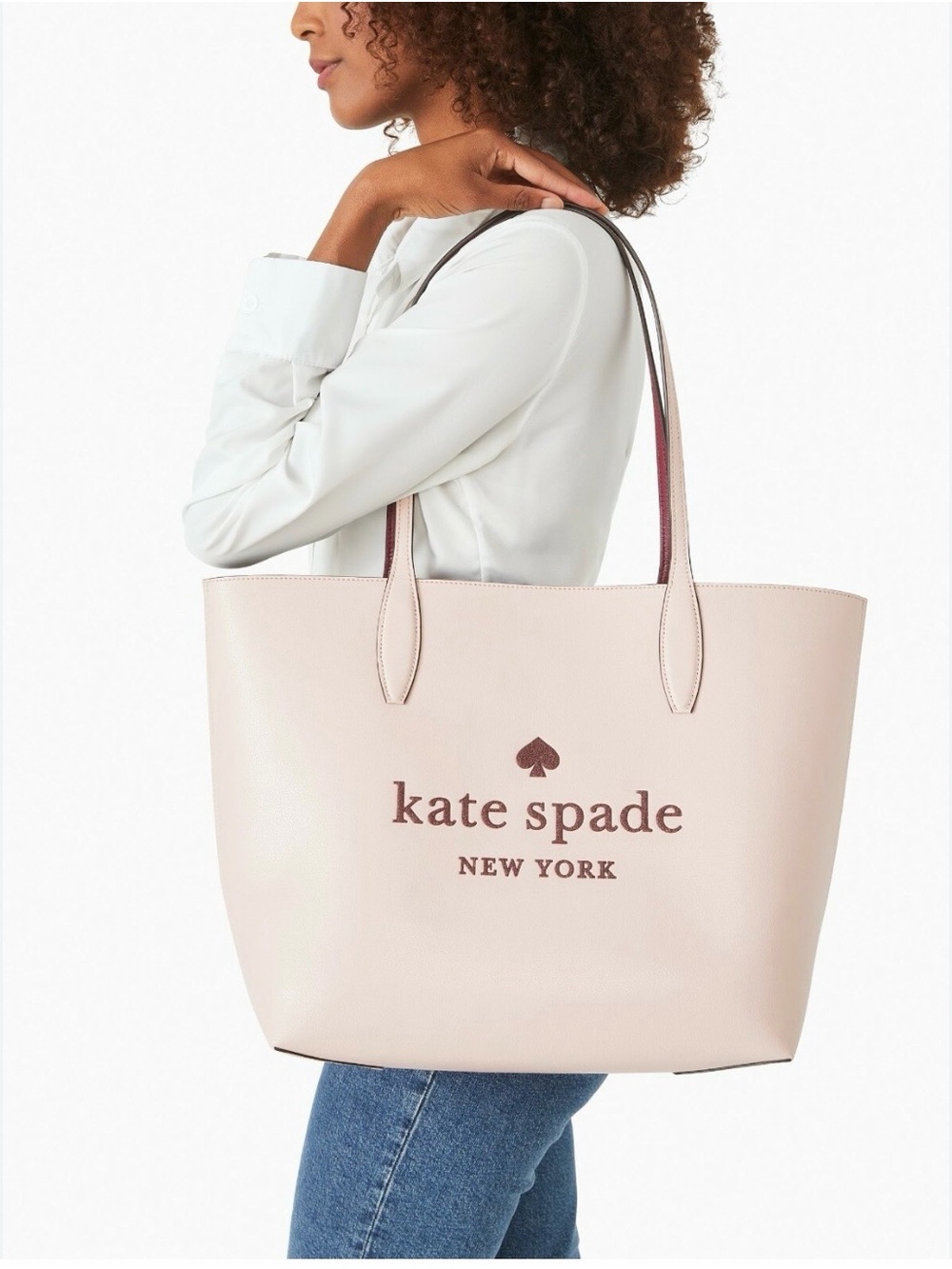 kate spade blush pink glitter on tote with matching pouch and wallet